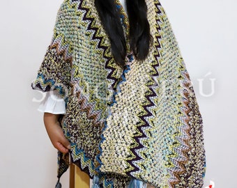 Chal de crochet bohemio: manta de lana y mohair con borlas