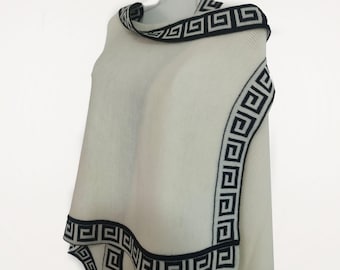 White Alpaca Wool Cape: Unisex Peruvian Ruana with Inca Design
