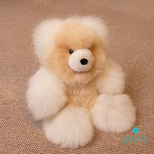 Handmade Alpaca Teddy Bear: Beige & White Plush Animal