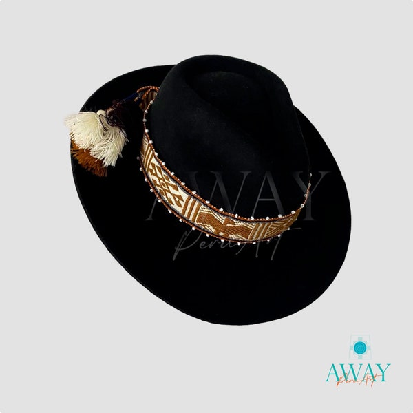 Chapeau andin de couleur noire, chapeau Fedora, chapeau artisanal péruvien, chapeau mixte feutre et alpaga, chapeau bande tissé Inka-q'ero, chapeau durable