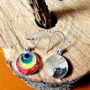 Pachamama Earrings, Pendant Earrings, Peruvian Jewelry inlaid with semi-precious stones, Handmade 950 Silver, Artisanal Peruvian Jewelry.