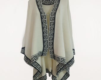 White Alpaca Wool Cape: Unisex Inca Geometric Ruana Shawl