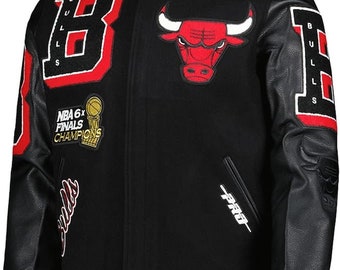 Handgefertigte Herren Chicago Vintage Bomber Lederjacke| Inspiriert von der NBA-Unijacke der Bulls| Wintersportbekleidung| Wolljacke | Varsity Jacke |