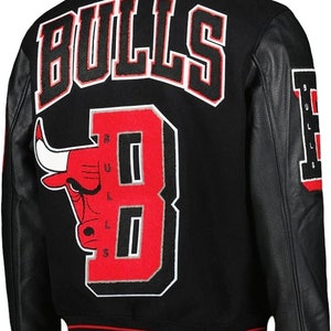 Handmade Mens Chicago Vintage Bomber Leather Jacket Inspired By Bulls NBA Varsity Jacket Winter Sportswear Wool Jacket Varsity Jacket image 2