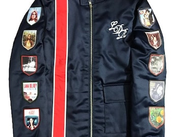 Handmade Lana Del Ray Racer Jacket in Navy with Album Patches and Logo Embroidery, Perfect Gift for her