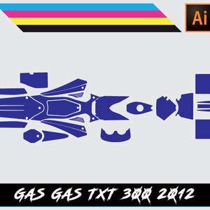 May include: A blue graphic design for a Gas Gas TXT 300 2012 model, featuring various component shapes. The design includes the text "MX VECTOR" and "GAS GAS TXT 300 2012". The image also contains a color bar and the website address "MX-VECTOR.COM".