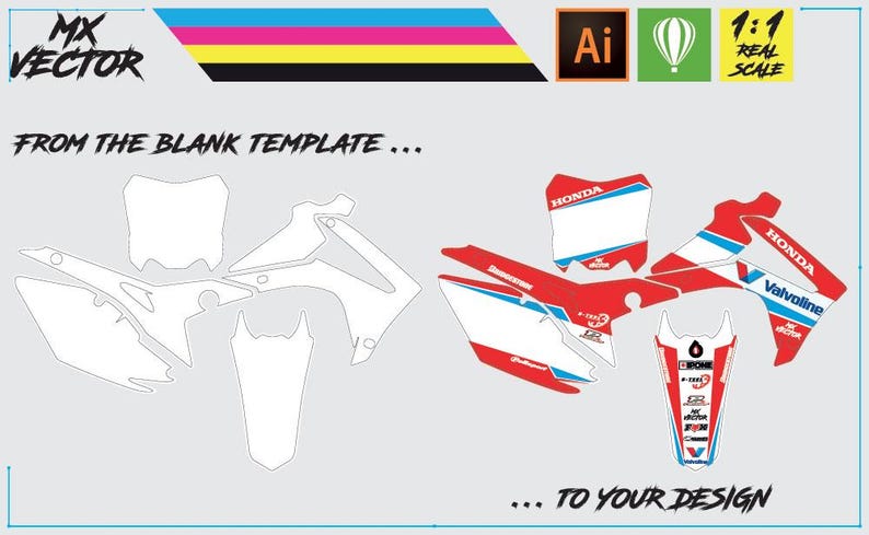 May include: A set of motocross graphics featuring a red, white, and blue color scheme. The graphics include the word "Honda" and the brand "Valvoline".