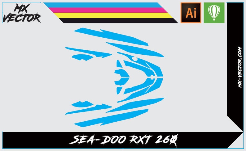 Puede incluir: Un dise&ntilde;o gr&aacute;fico azul y blanco para una moto acu&aacute;tica Sea-Doo RXT 260R. El dise&ntilde;o incluye una variedad de formas y l&iacute;neas, y est&aacute; destinado a ser utilizado como una calcoman&iacute;a o pegatina.