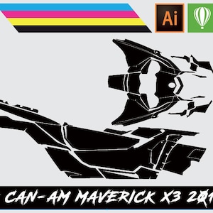 Op de afbeelding: Zwart-witte vector grafische ontwerp sjabloon voor een Can-Am Maverick X3 side-by-side voertuig. Het ontwerp omvat een volledige carrosseriebekleed met een geometrisch patroon.
