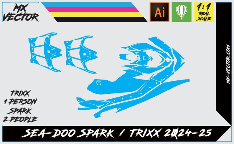 May include: A blue and white graphic design template for a Sea-Doo Spark or Trixx watercraft. The template includes a full-body wrap design, as well as individual pieces for the front, back, and sides of the watercraft. The text "Sea-Doo Spark / Trixx 2024-25" is included in the design.