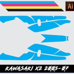 Op de afbeelding: Een set blauwe Kawasaki KX2 motorfiets grafische stickers voor de jaren 2005-2007. De graphics zijn ontworpen om op de carrosserie van de motorfiets te worden aangebracht.