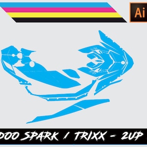 May include: A blue and white graphic design for a Sea-Doo Spark or Trixx jet ski. The design includes a 2-up and 3-up option.