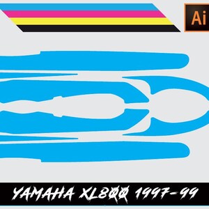 Könnte beinhalten: Blau-weißes Grafikdesign für ein Yamaha XL80R Motorrad, 1997-99.
