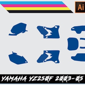 Könnte beinhalten: Blauer Yamaha YZ250F Motorrad-Grafik-Kit für die Jahre 2003-2005. Das Kit enthält eine Vielzahl von Aufklebern für den vorderen Kotflügel, den hinteren Kotflügel, die Seitenverkleidungen und andere Teile des Motorrads.