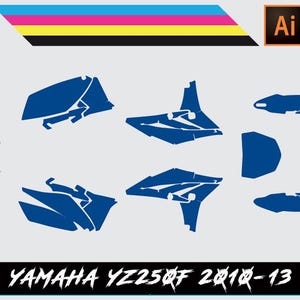 May include: Blue motorcycle graphics kit for a Yamaha YZ250F, designed for the 2010-2013 model years. The kit includes multiple pieces for the front, rear, and sides of the motorcycle.