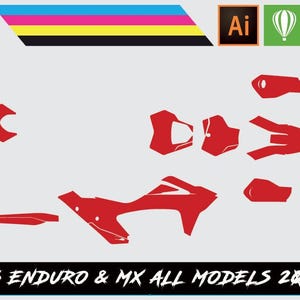 Puede incluir: Un diseño gráfico con plantillas de calcomanías rojas para motocicletas. El diseño incluye el texto "MX VECTOR" y "GASGAS ENDURO & MX ALL MODELS 2021-23". El fondo es gris claro con acentos coloridos.