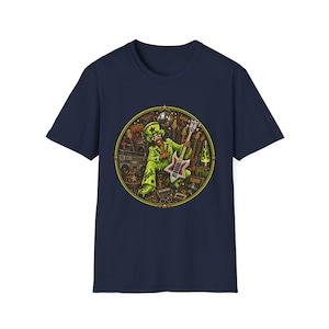 May include: A navy blue short-sleeve t-shirt featuring a circular graphic print of a musician in a lime green suit and top hat playing a star-shaped electric guitar. The design includes a boombox, a lava lamp, and the word Funk on the trousers.
