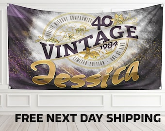 Personalized 40th birthday banner | Vintage purple Wall Art | Custom 1984 Poster | Happy Birthday  Vinyl  banners | milestone celebration