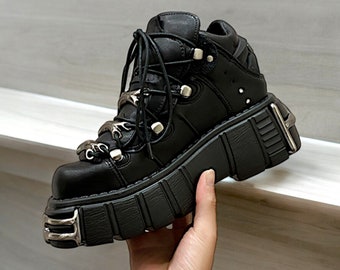 Punk Gothic Boots Platform Lace up Y2k Boots Chunky Boots Dark Metal Ankle Boots Punk Style Unisex Heeled Woman Metal Sneakers Gifts for Her