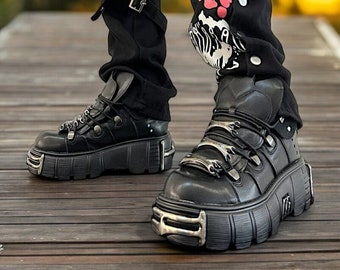 Botas góticas punk Plataforma con cordones Botas Y2k Botas gruesas Botines de metal oscuro Estilo punk Tacón unisex Mujer Zapatillas de metal Regalos para ella