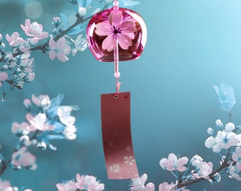 Japanese Sakura Glass Wind Chimes, Meditation Glass Furin Cherry Blossom Handmade Decor for Outdoors, Patio, Garden Windchime