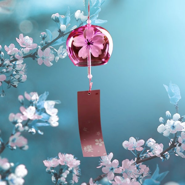 Japanese Sakura Glass Wind Chimes, Meditation Glass Furin Cherry Blossom Handmade Decor for Outdoors, Patio, Garden Windchime