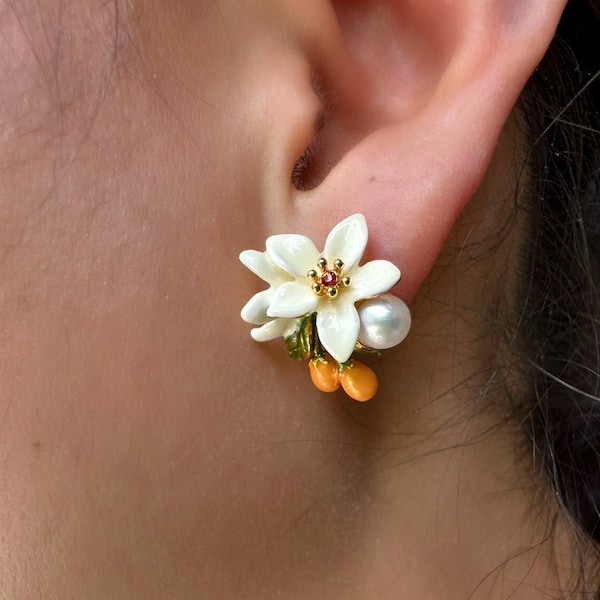 Hand-painted enamel pearl white orange blossom small kumquat summer fresh and natural style women's earrings