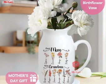 Mothers Day Vase for Grandma, First Mom Now Grandma Gift, Grandma garden vase, Custom Birth Month Flowers Grandma Vase, Custom Grandkid Name