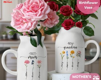 Mothers day for grandma, Birth Flower Family Name Flower Vase, Custom Floral Ceramic Vase for Mother's Day Gift, Mamas Garden, Garden Decor