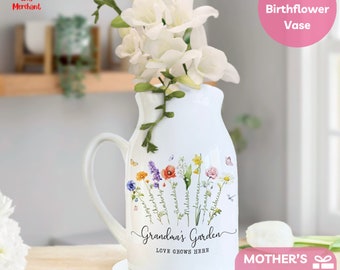 Mothers day for grandma, Birth Flower Family Name Flower Vase, Custom Floral Ceramic Vase for Mother's Day Gift, Mamas Garden, Garden Decor