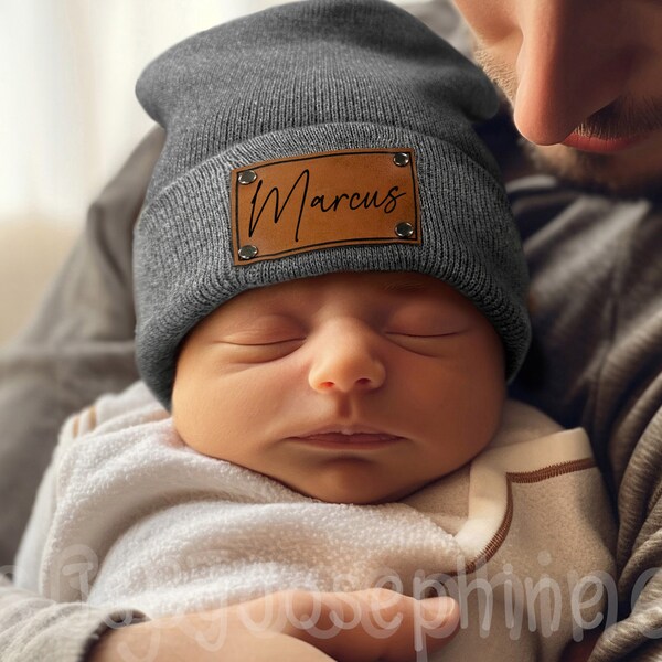 Custom Baby Beanie Hat, Newborn Infant Beanie, Toddler Kids Youth Child Adult HAT, Knit Baby Hat, Personalized Name Vegan Leather Patch Hat