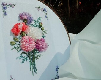 Dimension simple Silk Ribbon Embroidery “Carnation Flowers” DIY Kit for Mother’s Day Gift with Tutorial Video Step by Step