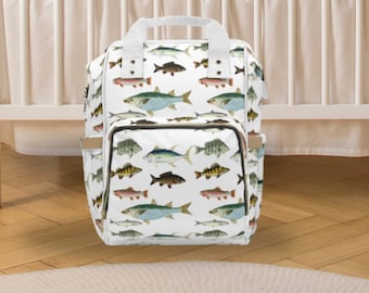 Borsa per pannolini per bambini, regalo per baby shower, borsa per pannolini da pesca, zaino, borsa per pannolini per pesci, regalo per la nuova mamma, regalo di gravidanza, borsa per pannolini bianca per ragazzo