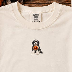 May include: A cream-colored short-sleeve t-shirt with a small embroidered graphic of a black and white puppy holding a miniature orange jack-o'-lantern pumpkin. The shirt features a Comfort Colors brand label on the inside of the collar.