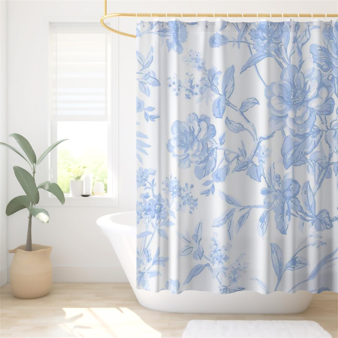 Blue Toile Shower Curtain Floral Shower Curtain Coquette Decor Coquette ...