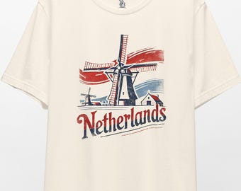 Netherlands Vintage Windmill Tee, Unisex Retro T-Shirt, Travel Souvenir Shirt, Dutch Culture Tee, Gift for Travelers, Holland Apparel