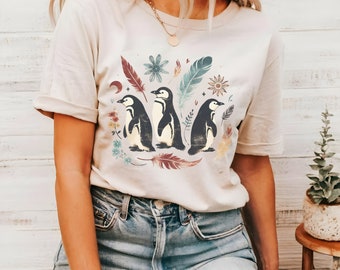 Bohemian Penguin Shirt Cool Gift for Nature Lover Popular Shirt Unique Artistic T-Shirt Whimsical Animal Summer Spring Fall Fashion