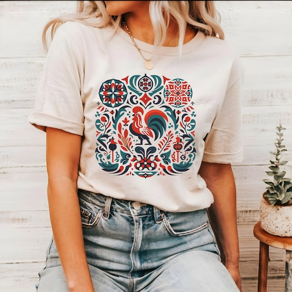 Portuguese Rooster Folklore Graphic Tee - Ethically Sourced Cotton