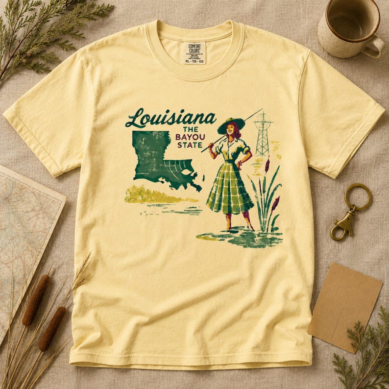 May include: A light yellow t-shirt featuring a graphic of Louisiana with the text "Louisiana The Bayou State". The graphic includes a woman fishing, a map of Louisiana, and a power line tower. The shirt is a Comfort Colors XL.