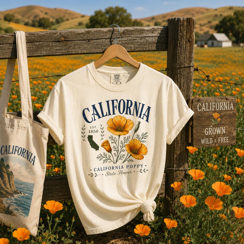 Puede incluir: Camiseta color crema con "CALIFORNIA" en azul marino, con un dise&ntilde;o floral de amapolas de California naranjas. Tambi&eacute;n se ven una bolsa de mano a juego y un letrero de madera con el mismo tema. La camiseta est&aacute; colgada en una valla de madera en un campo de flores naranjas.