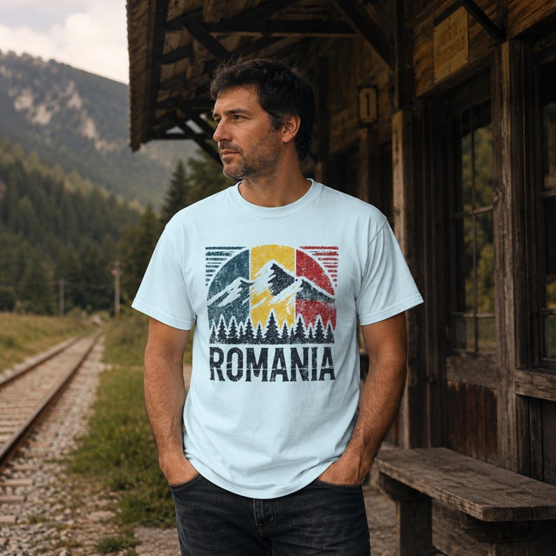 May include: A light blue short-sleeve t-shirt featuring a distressed graphic print of the Romanian flag colors in a circular design, depicting mountain peaks and a forest silhouette above the word ROMANIA in bold, dark, capital letters.