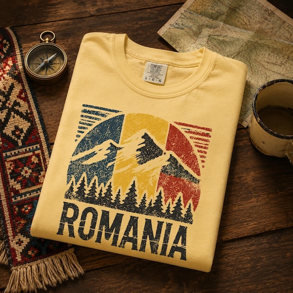 Romania Shirt Vintage Mountain Tee Romanian Heritage Transylvania Carpathian Mountains Europe Travel Souvenir Gift Women Men