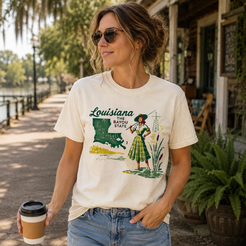 May include: Cream-colored t-shirt with a graphic of Louisiana, the Bayou State. The design features a map of Louisiana, a woman fishing, and the text "Louisiana The Bayou State" in green and white. The shirt is worn by a person.