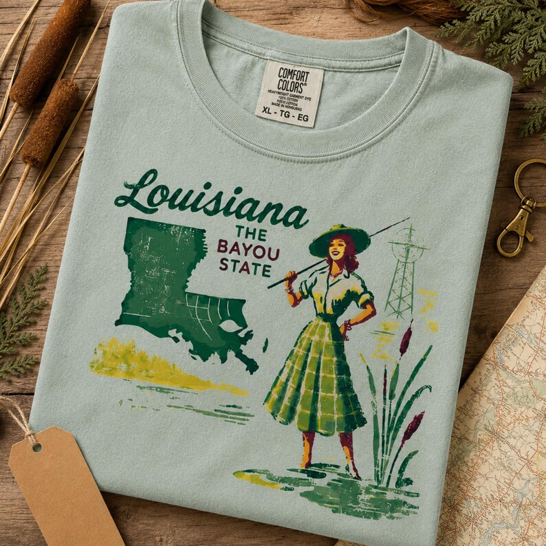 May include: A light blue t-shirt featuring a vintage-style graphic of Louisiana. The design includes the state outline, the words "Louisiana The Bayou State," and an illustration of a woman with a fishing rod. The shirt has a Comfort Colors tag.