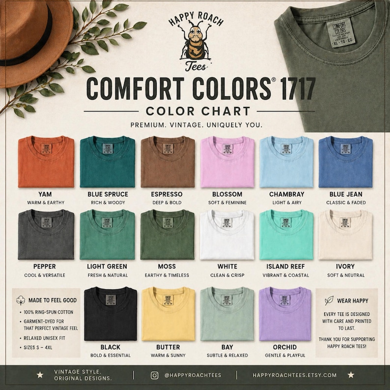 Puede incluir: Carta de colores para camisetas Comfort Colors 1717, con colores como Yam, Blue Spruce, Espresso y Blossom. La carta incluye el texto "Premium. Vintage. Unicamente t&uacute;." y detalles sobre las camisetas, como algod&oacute;n hilado en anillo y corte unisex relajado.