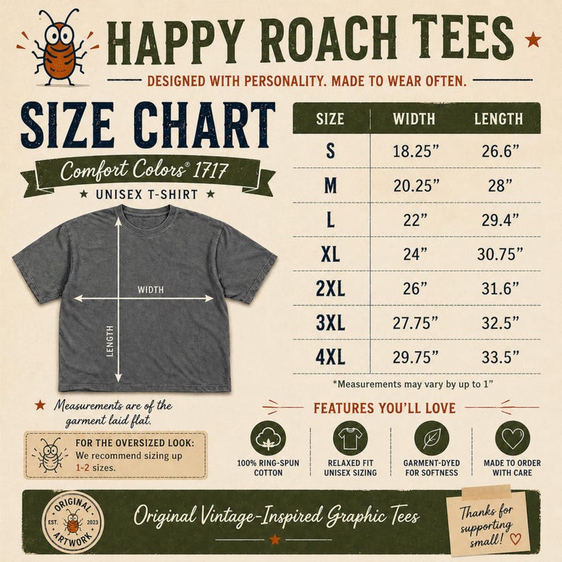 Puede incluir: Tabla de tallas para camisetas unisex Happy Roach Tees. La tabla incluye medidas en pulgadas para las tallas S a 4XL. La imagen tambi&eacute;n destaca caracter&iacute;sticas como algod&oacute;n 100% hilado en anillo y te&ntilde;ido en prenda.