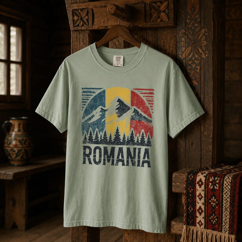 May include: A light sage green short-sleeve t-shirt featuring a distressed graphic print of the Romanian flag colors in a circular design. The graphic includes a mountain silhouette, a forest of pine trees, and the word ROMANIA in bold text.