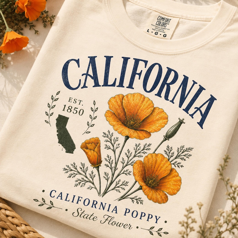 Puede incluir: Sudadera de color crema con un dise&ntilde;o gr&aacute;fico azul marino. El dise&ntilde;o incluye la palabra "CALIFORNIA", el texto "EST. 1850", un contorno verde de California e ilustraciones de amapolas de California naranjas. Tambi&eacute;n se incluye el texto "CALIFORNIA POPPY. State Flower".