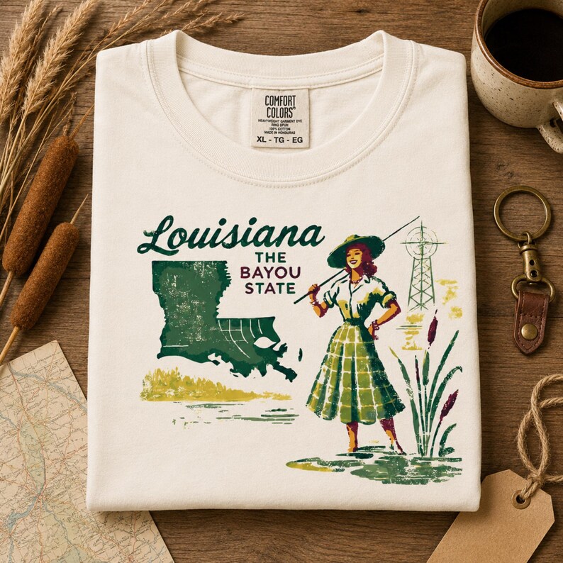May include: Cream-colored t-shirt with a graphic of Louisiana, the Bayou State. The design features a woman in a green plaid skirt, a map of Louisiana, and the text "Louisiana The Bayou State".