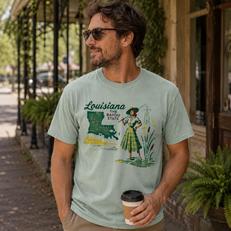 May include: A light green t-shirt featuring a vintage-style graphic of Louisiana. The design includes the state outline, a woman fishing, and the text "Louisiana The Bayou State". The shirt is made of a soft material.